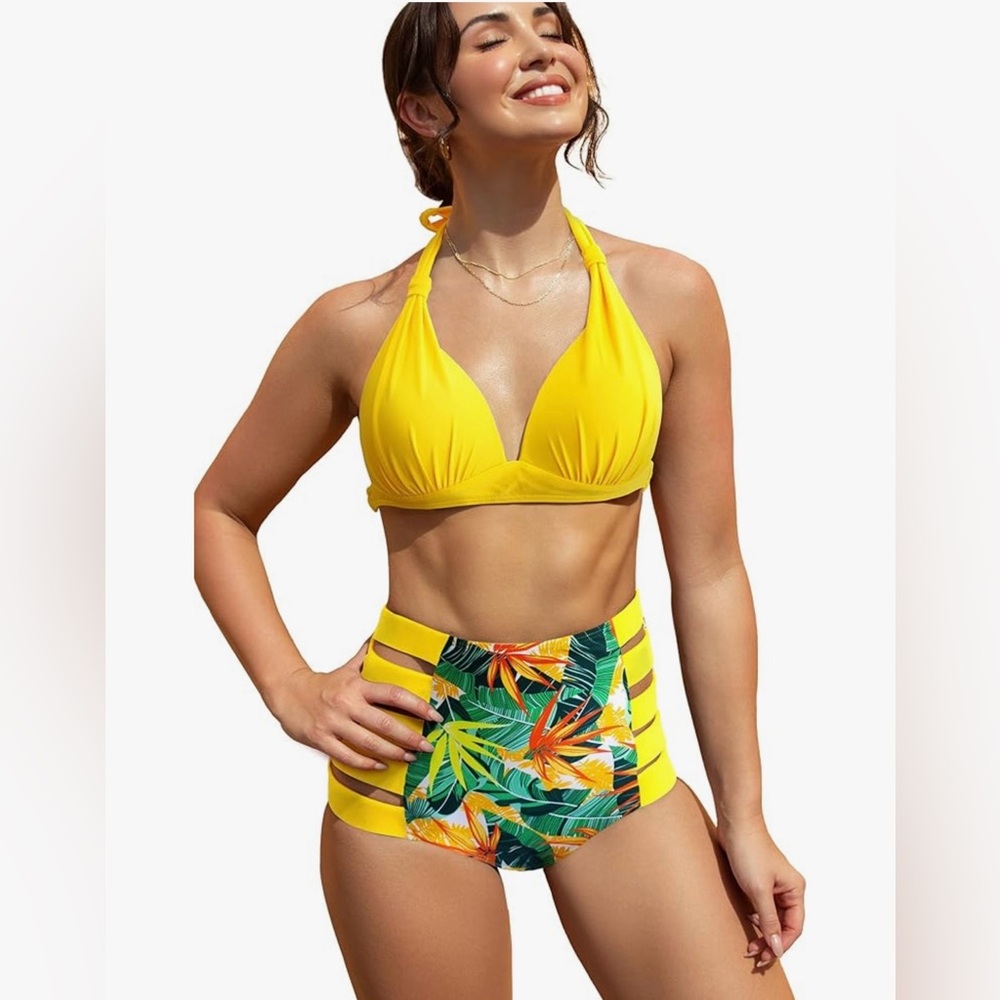 Women High Waisted Swimsuit Halter Triangle Bikini Mold Cup Swimwear Push Up F5